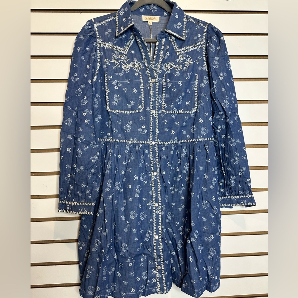 Embroidered Western Floral Shirt Dress | Dark Denim - Picture 3 of 12